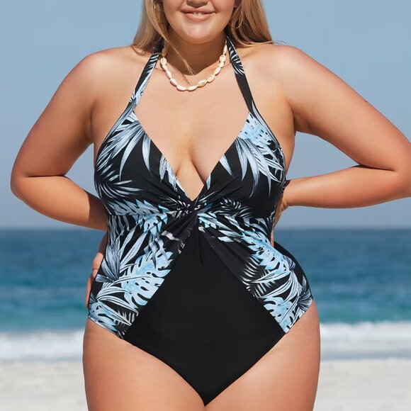 Digital Leaves Plunge Twist Halter Plus Size One Piece Swimsuit Size 1X | NWT - Picture 4 of 4